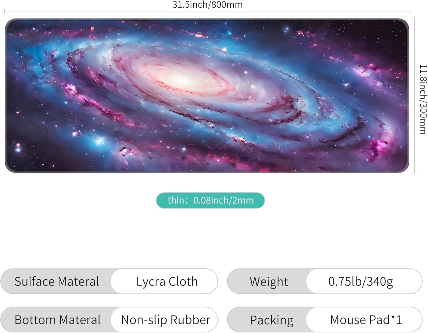 Dynippy Thin Extended Gaming Mouse Pad （31.5 * 11.8 * 0.08 inch） with Stitched Edges Large Mousepad Long XXL Keyboard and Mouse pad Desk Mat for Gaming Office & Home - Spiral Galaxy