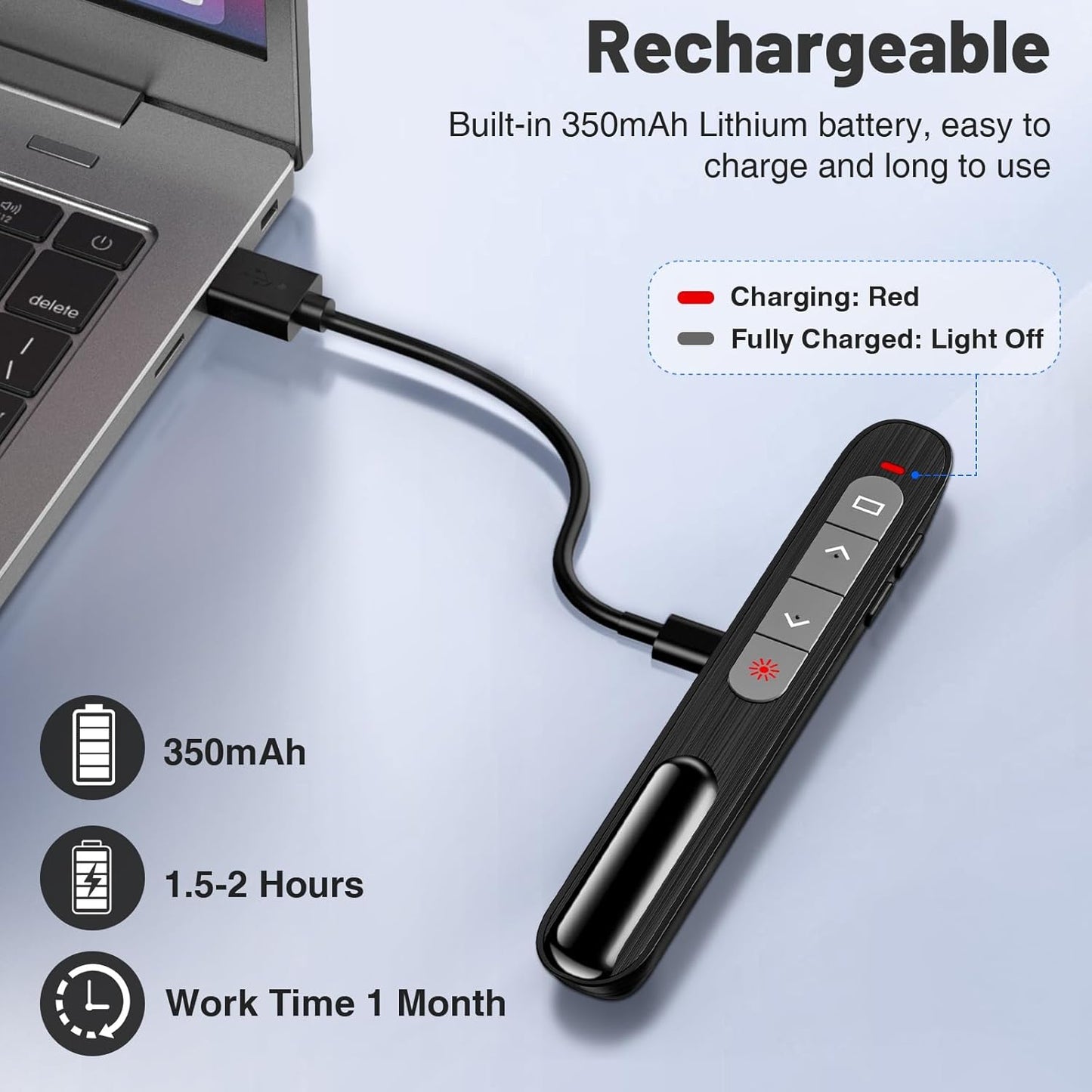 2-in-1 USB Type C Presentation Clicker with Red Light Pointer, Rechargeable Wireless Clicker for Powerpoint Presentations Support Hyperlink Volume Control, Presentation Remote for Mac Windows Keynote