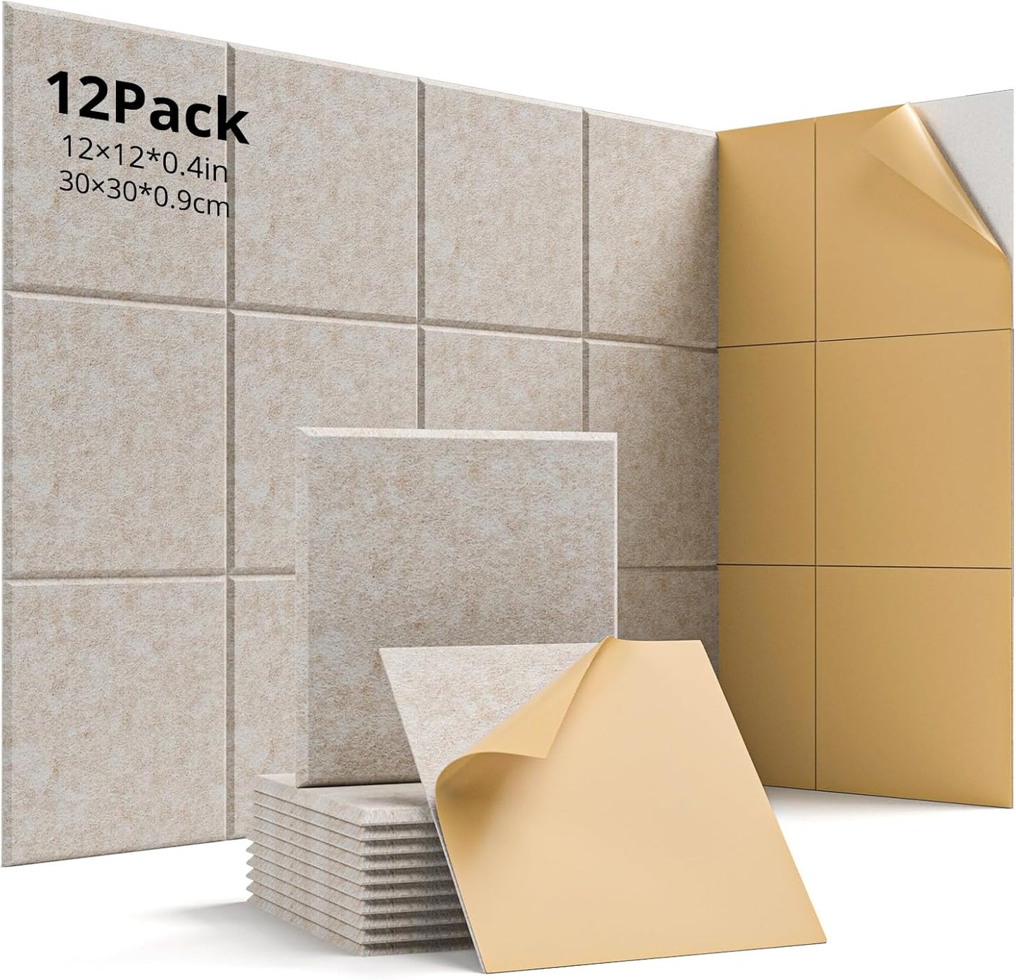 12 Pack Acoustic Panels Sound Absorbing 12"X12"X0.4" Self-adhesive Acoustic Panels High Density Sound Proof Panels for Walls, Door And Ceiling Beige