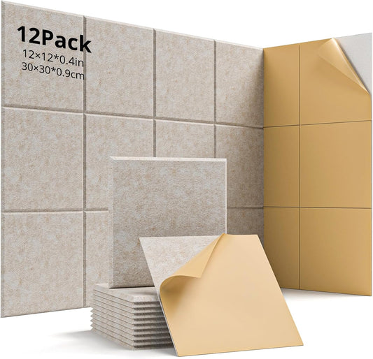 12 Pack Acoustic Panels Sound Absorbing 12"X12"X0.4" Self-adhesive Acoustic Panels High Density Sound Proof Panels for Walls, Door And Ceiling Beige