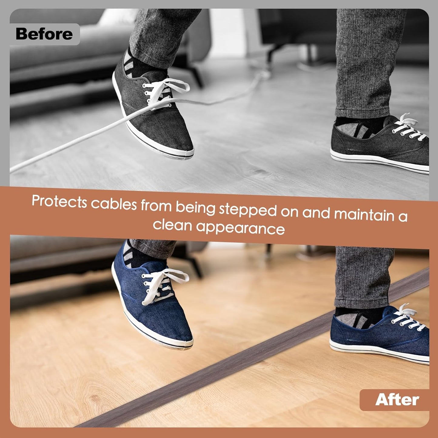 Floor Cord Cover for Wires on Floor Self Adhesive Cord Hider Floor Cable Management Wire Covers for Cords Protector Prevent Cable Trips Cord Cavity W 0.59" x H 0.31", Grayish Brown Wood, 3.3Ft