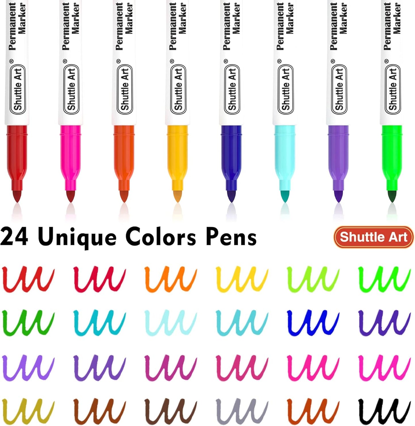 Shuttle Art Permanent Markers, 24 Colors Fine Point Assorted Colors Permanent Marker Set, Works on Plastic,Wood,Stone,Metal and Glass for Doodling, Coloring, Marking