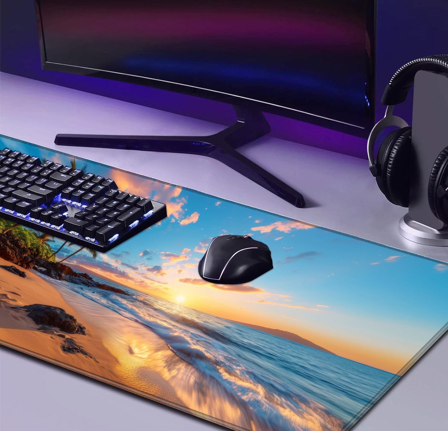 Extra Large and Beautiful Sunset Ocean Scenery Game Mouse Pad, Extended Stitched Edge Office Decoration Computer Laptop Keyboard Pad 35.4 x 15.7 Inches