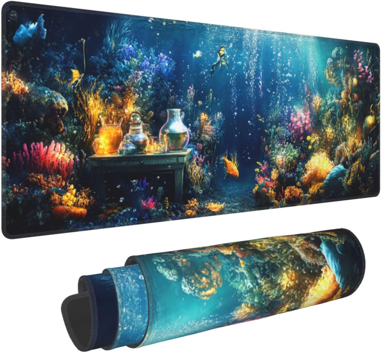 Underwater Mouse Pad 31.5 X 11.8 Inch Big Desk Rubber Base Stitched Edges Keyboard Pad XXL Mouse Mat for Home Game and Office