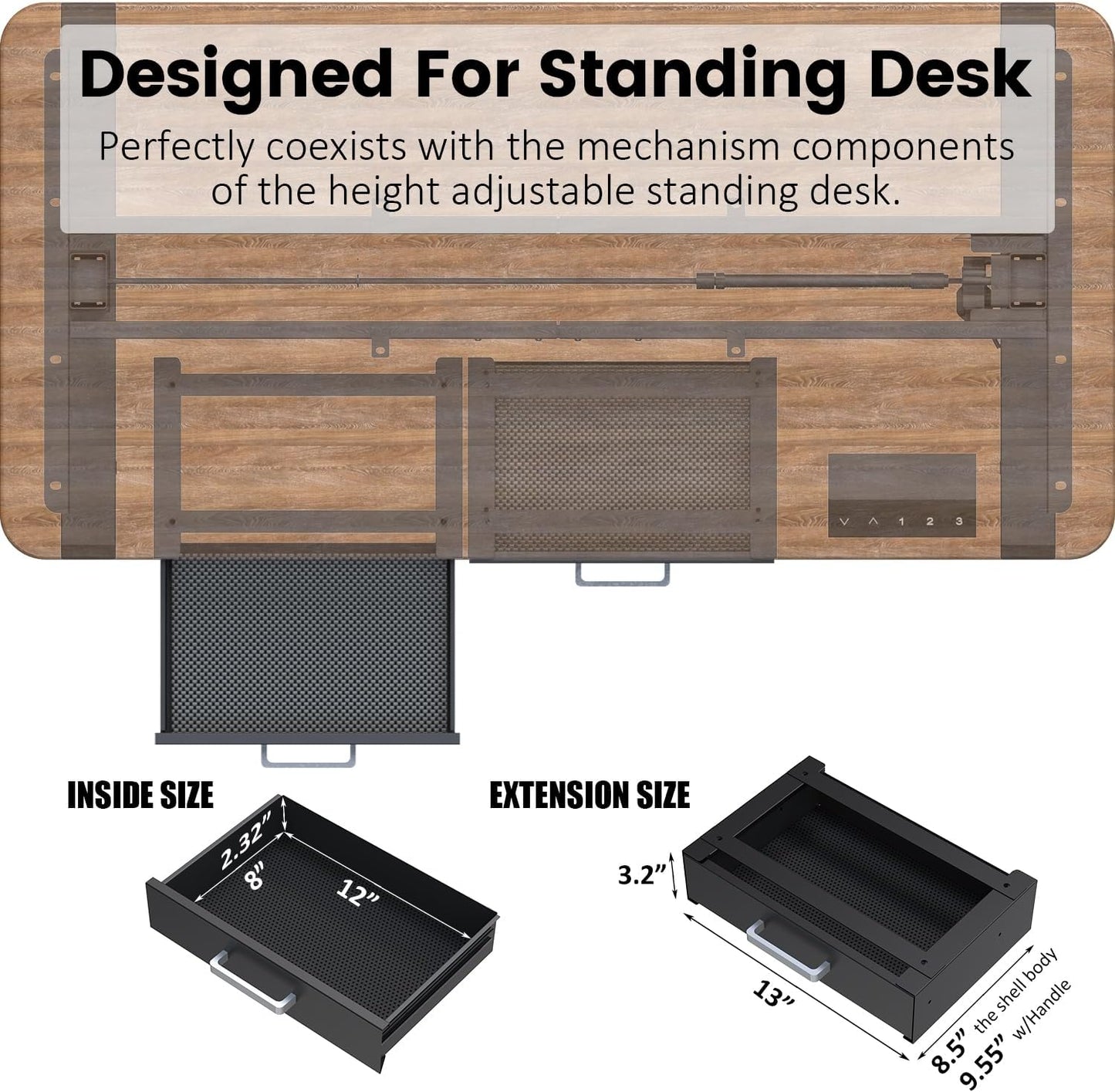 UNITEDPOWER Under Desk Drawer Storage, Pull-Out Office Hidden Counter Drawer, Metal Sliding Organizer Mount Below Table for Standing Electric Adjustable Height Desk, Black