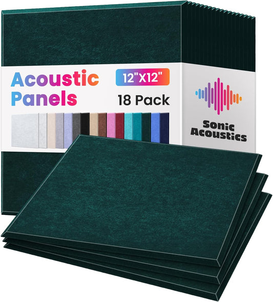 18 Pack Acoustic Panels Self Adhesive Sound absorbing Wall Panels, High Density Dampening Panel, 12X12X0.4 Inch Square Wall Panels in Home,Office,Reccording Room,Studio (Dark Green)
