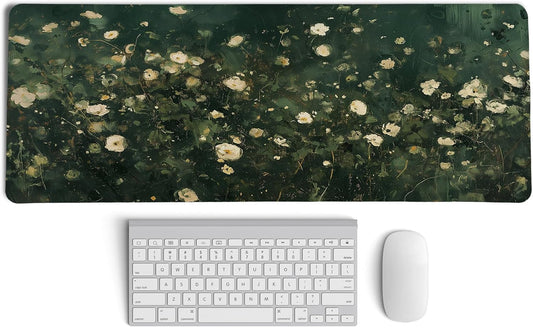 Green Yellow Floral Desk Mat,Green and Yellow Mouse Pad, Abstract Floral Spring Desk Mat,Big Large Spring Abstract Oil Painting Desk Pad,Preppy Girly Summer Desktop Decor Art,31.5x11.8In