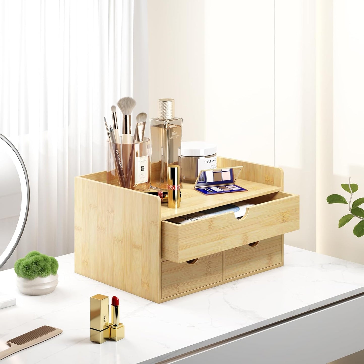 Bamboo Desk Organizer with Drawers Desktop Storage Drawers for Bills Office Supplies Kitchen Utensils Organizing Tool for Home Classroom Organization No Assembly (Nature 3 Drawers)