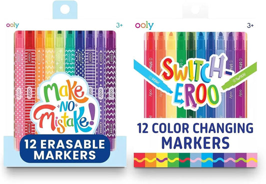 Ooly Switch-eroo Color Changing and Make No Mistakes Erasable 24 Dual Tip Markers, 12 Color Change Markers Erasable for Kids Back to School Supplies, Chisel Tip