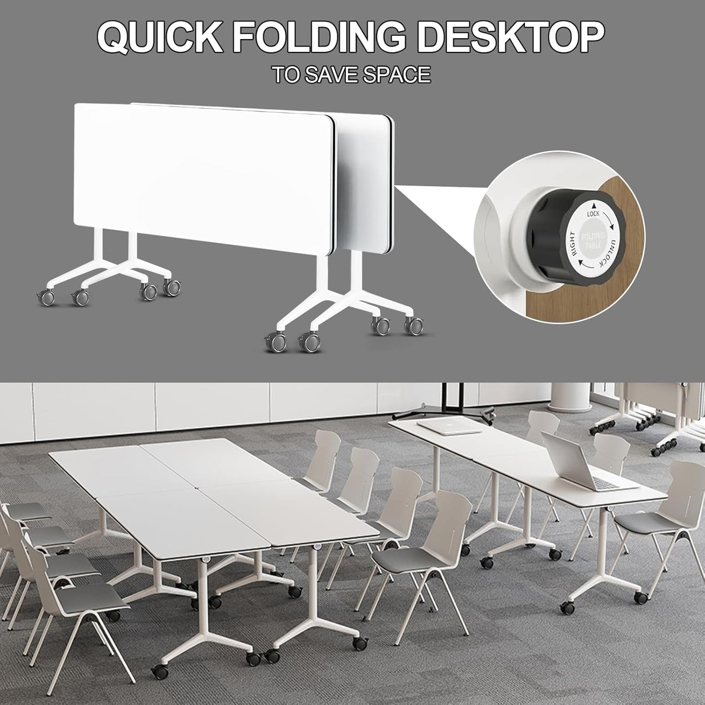 Folding Conference Room Tables 6 Pack, Foldable Modern Mobile Meeting Table Desk Training Table 6FT Large Rolling OfficeTable for Conference Training Classroom (6, 63" * 23.6" * 29.5")