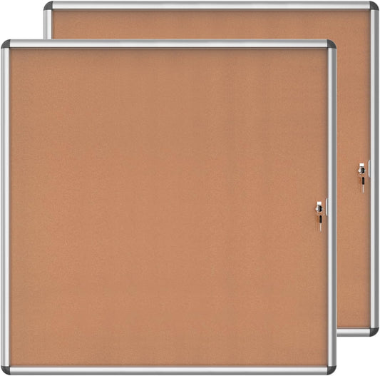2 Pack 38"x38" Enclosed Bulletin Board, Lockable Weather-Resistant Aluminum Cork Noticeboard for School & Office, Silver Frame w/Cork