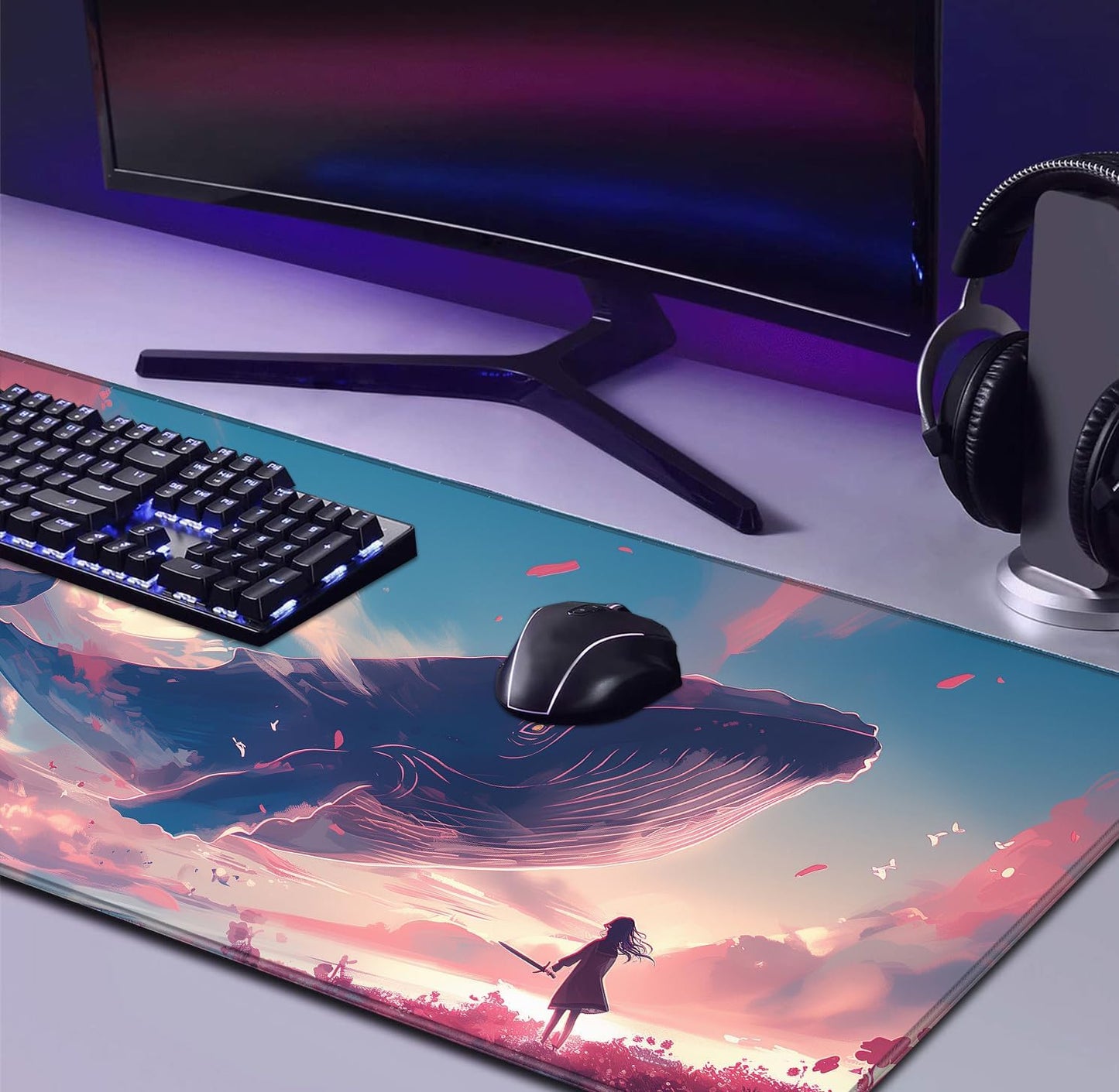 Cute Sky Whale Fish Dream Fantasy Mouse Pad, Stitching Edge Computer Game Keyboard Pad Whale, Large Women's Office Desk Accessories Decorative Mouse Pad 35.4 x 15.7 Inches