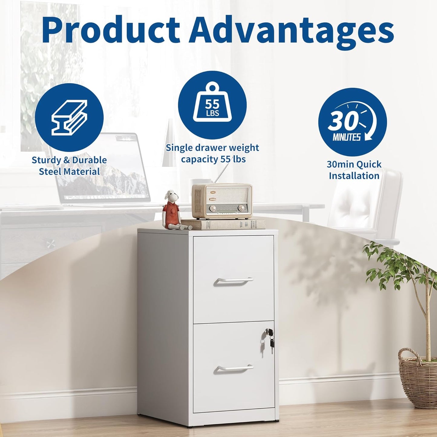 2-Drawer Locking Vertical File Cabinet, Metal Storage Cabinet for Office/Home – Secure Vertical Filing for Letter/Legal/A4/F4 Documents, Easy to Assemble Steel Cabinet (White, 2 Drawer-25 H)