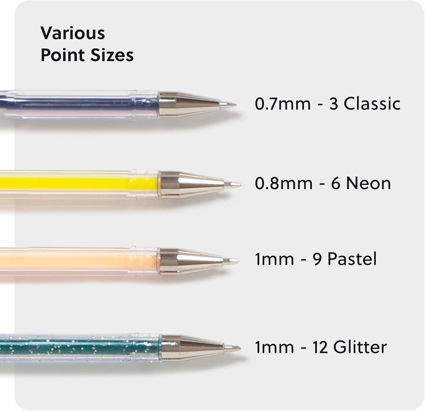 U Brands Metallic Gel Pens, Set of 30, Assorted Point Sizes, Glitter, Pastel, Neon and Classic Assorted Colors