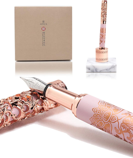 Luxury Fountain Pen Set With Stand - Museum Art Collections - Crafting Timeless Beauty - the Best Gift & Office Desk Decor, German SCHMIDT Fine Nib, Solid Metal & Marble Texture