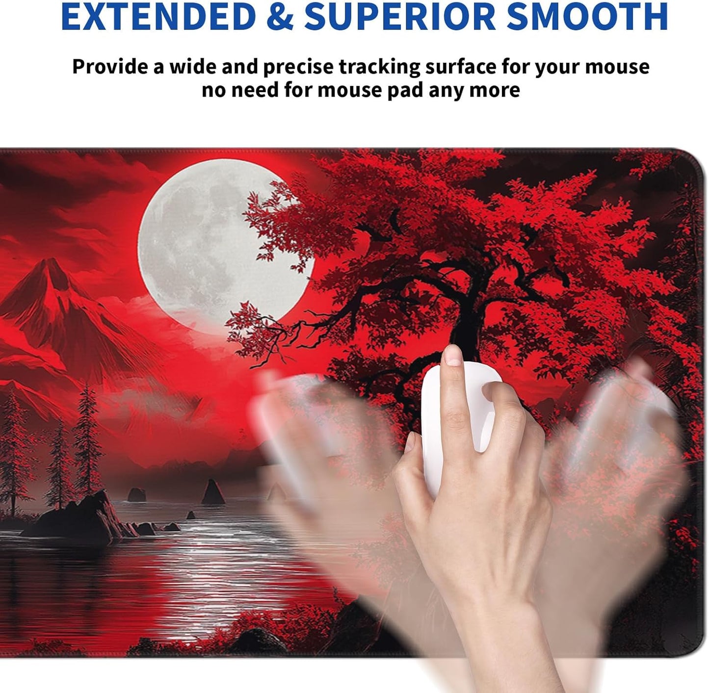 Darkness Red Moon Mouse Pad Abstract Red Mouse Pad 31.5x11.8 Inch Geometric Texture Non-Slip Rubber Base Large Mousepad Stitched Edges Keyboard Mouse Mat Desk Pad for Office and Home