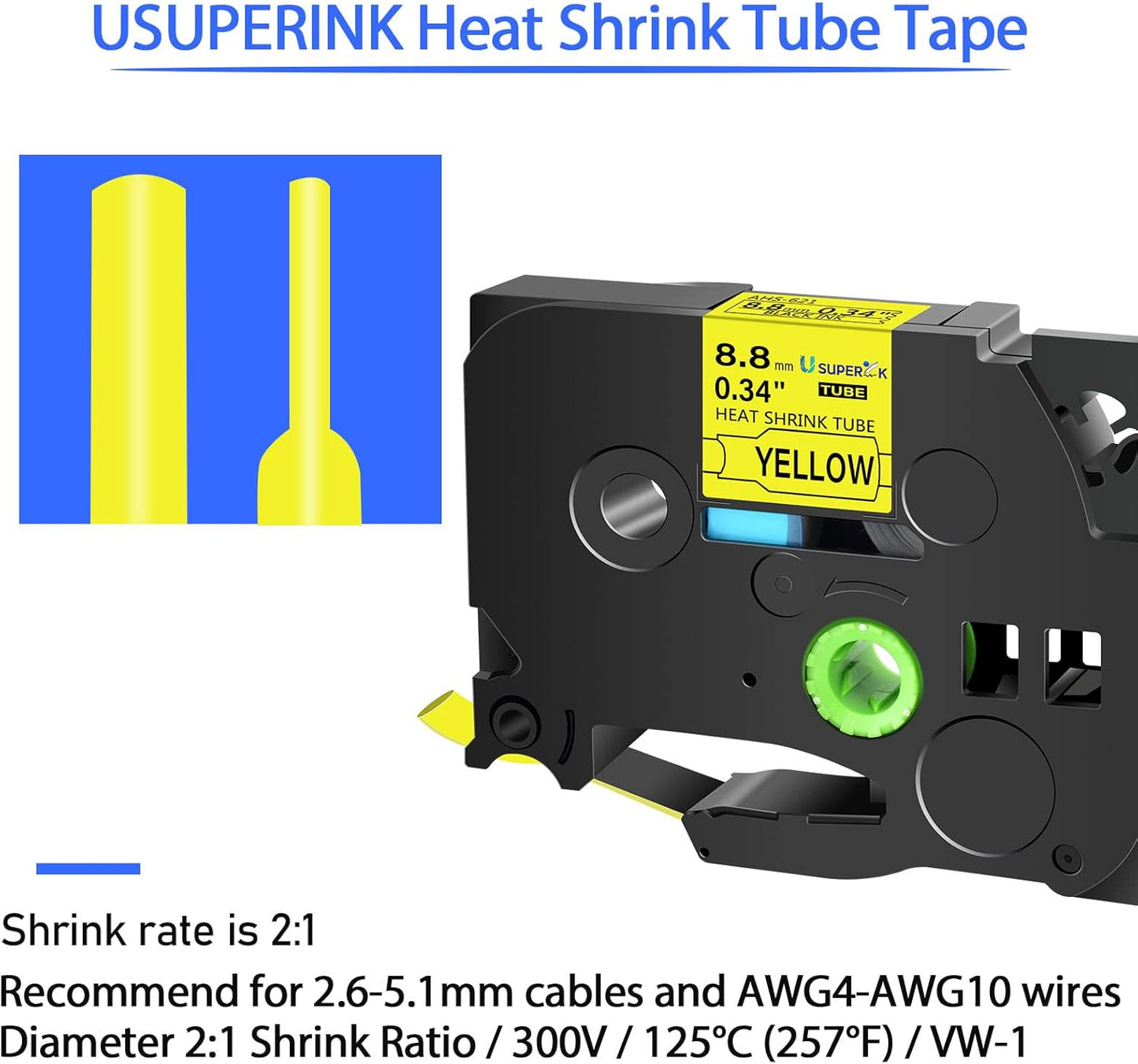 10PK Compatible for Ptouch HSe-621 HSe621 HS-621 HS621 Black on Yellow 8.8mm 0.34'' Heat Shrink Tubing for Wire Cable for PT300 PT-300B PT310 PT310B PT320 Label Maker Tape
