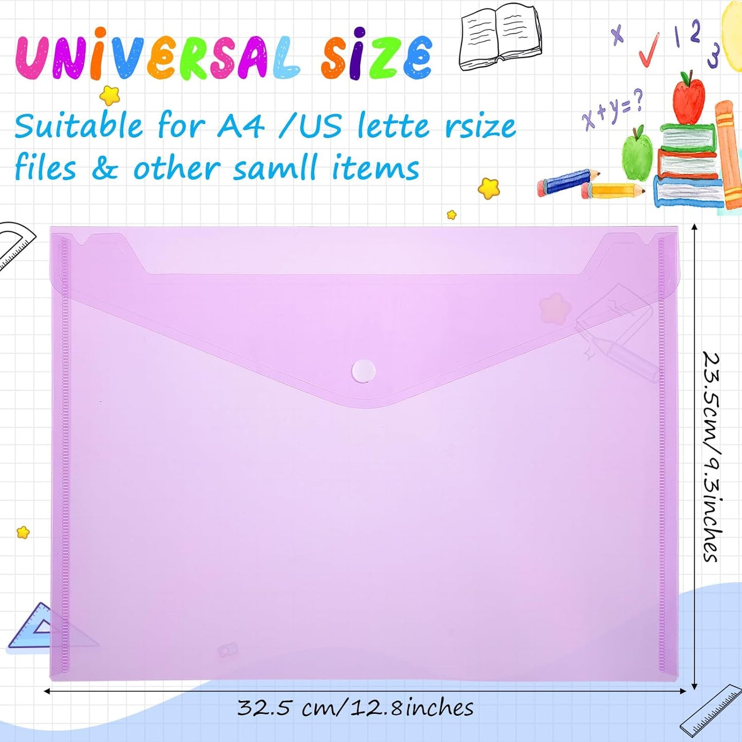 100 Pcs Clear Envelopes with Snap Button Closure Bulk A4 Letter Size Clear Plastic Envelope Folder Document Organizer File Folders for Office Home (Purple)