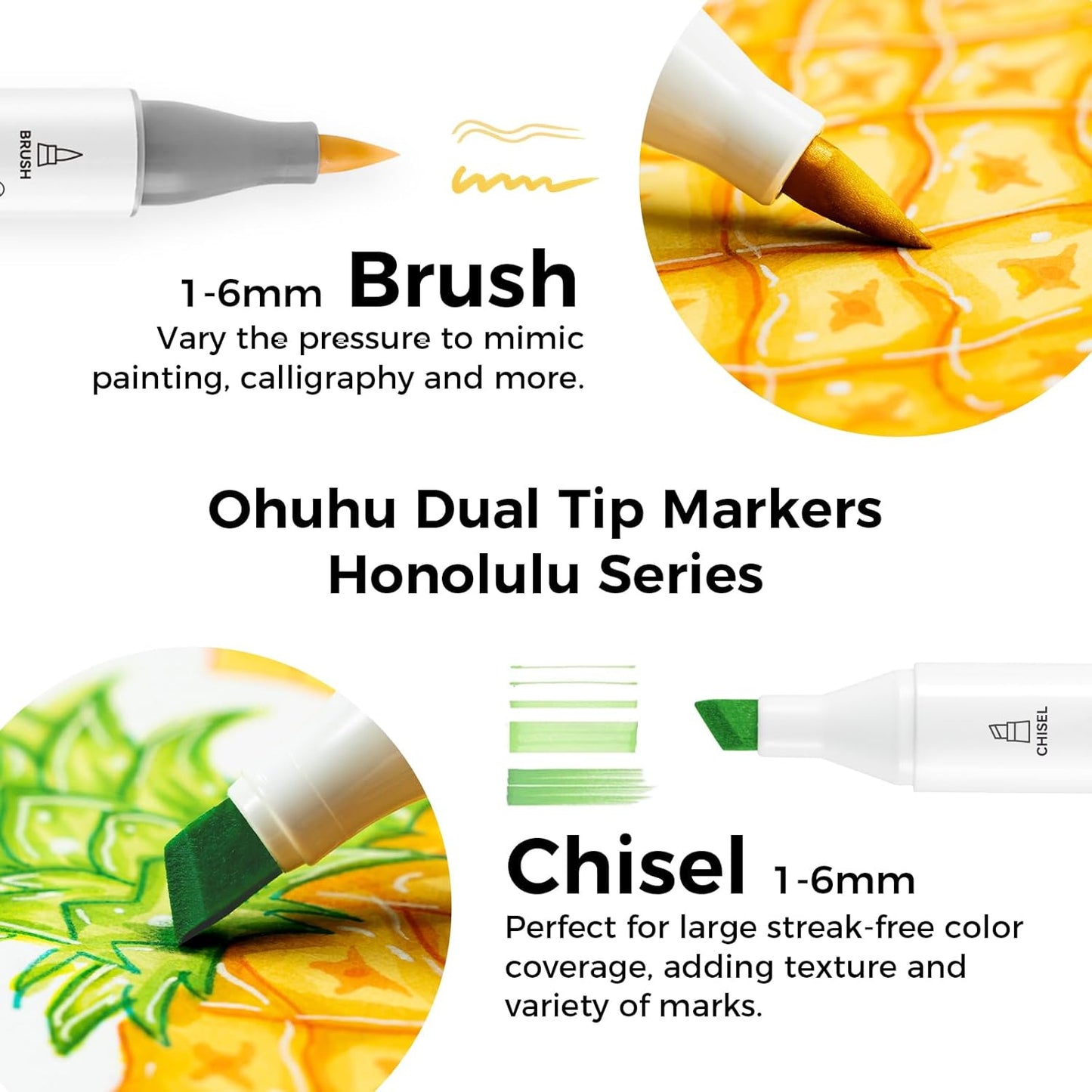 Ohuhu Alcohol Markers Brush Tip -Double Tipped Art Marker Set for Artist Adults Coloring Illustration - 120 Colors- Brush & Chisel Dual Tips- Honolulu of Ohuhu Markers- Refillable Alcohol-based Ink