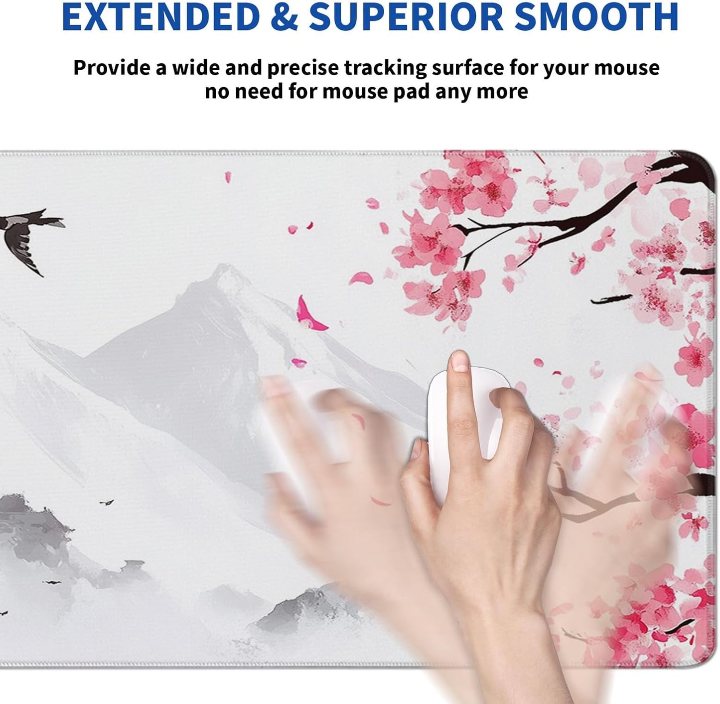 Retro Pagoda Cherry Blossom Watercolor Mouse Pad Abstract Big Mouse Pad 31.5x11.8 Inch Texture Non-Slip Rubber Base Large Mousepad Stitched Edges Keyboard Mouse Mat Desk Pad for Office and Home