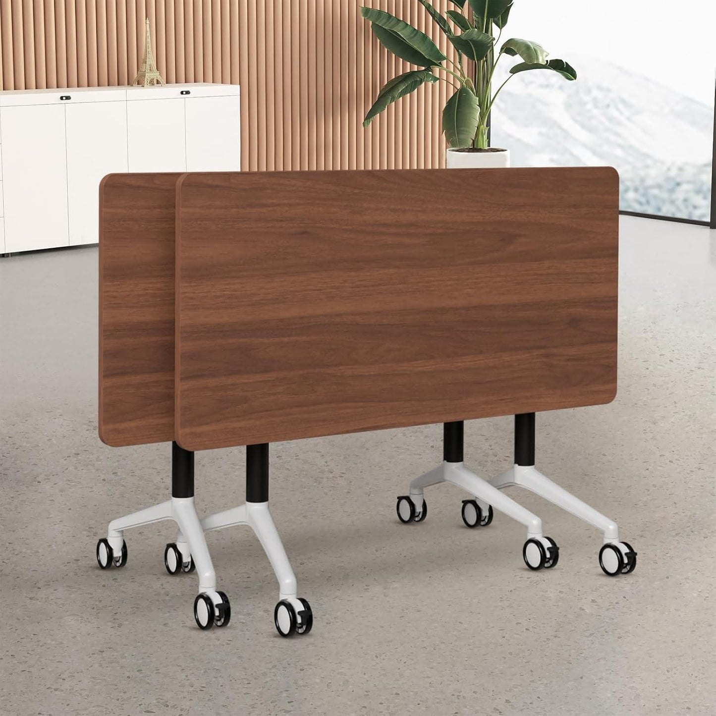 Folding Conference Table, Modern Large Conference Room Tables with Flip-Top Design, Foldable Conference Table Meeting Table with Wheels, Mobile Seminar Training Tables for Office Classroom (2, Brown)