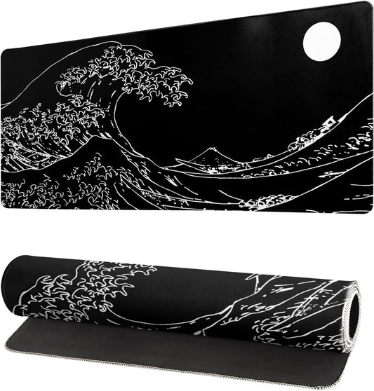 Japanese Sea Wave Gaming Mouse Pad 27.6x11.8 Inch Anime Black Large Mousepad Extended Kanagawa Mousepad Gaming Non-Slip Rubber Base Stitched Edges Keyboard Mouse Mat Desk Pad for Office Home Game