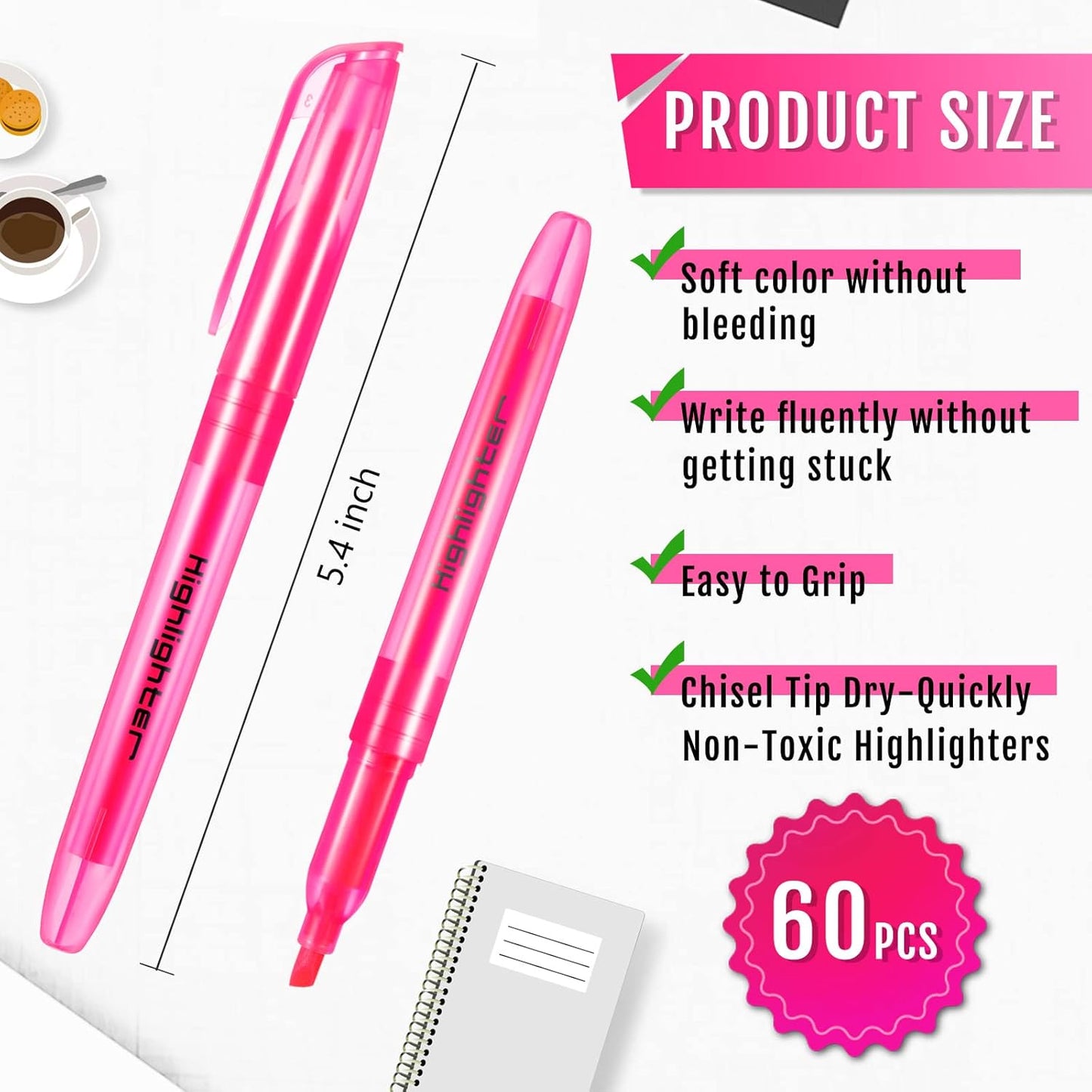 Fuutreo 60 Pack Pastel Highlighters Bulk Bright Color Highlighter Marker Chisel Tip Dry Quickly Safe Highlighter Pens Fluorescent Ink for Adults Home School Office(Pink)