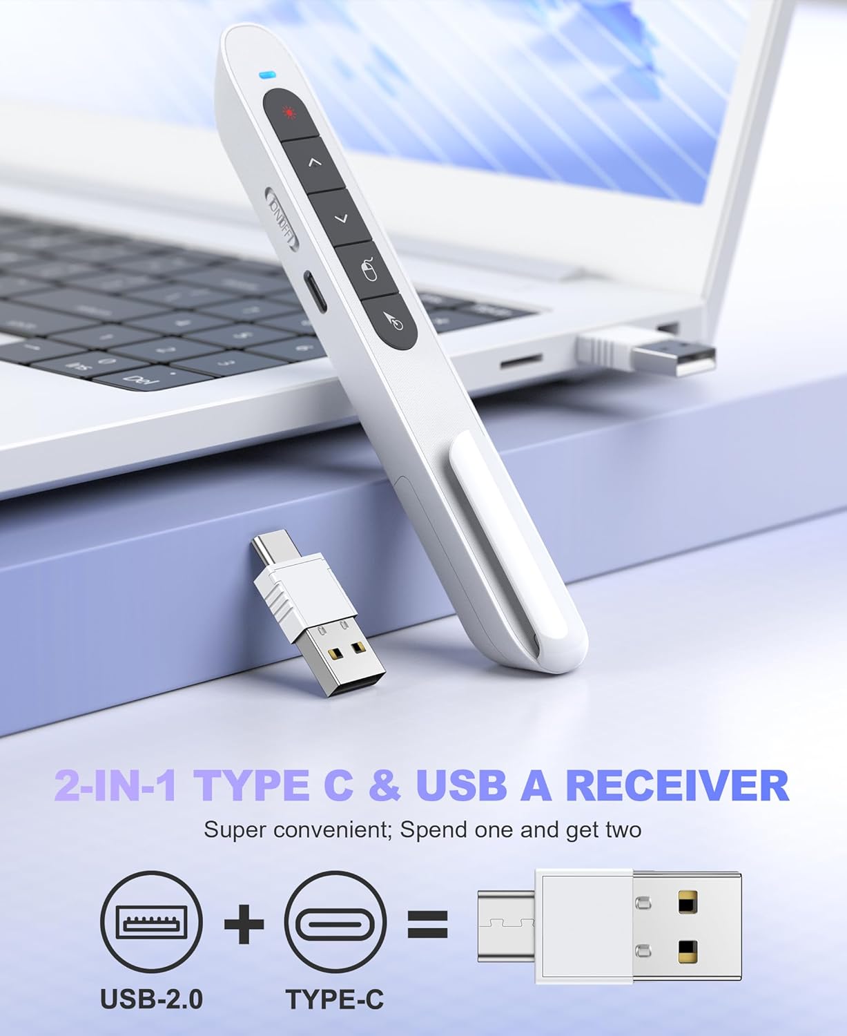 2 in 1 USB Type C Wireless Rechargeable Presenter Remote with Air Mouse, Volume Control Presentation Clicker PPT Pointer RF 2.4GZ PowerPoint Clicker Slide Advancer for Window Mac Keynote Google White