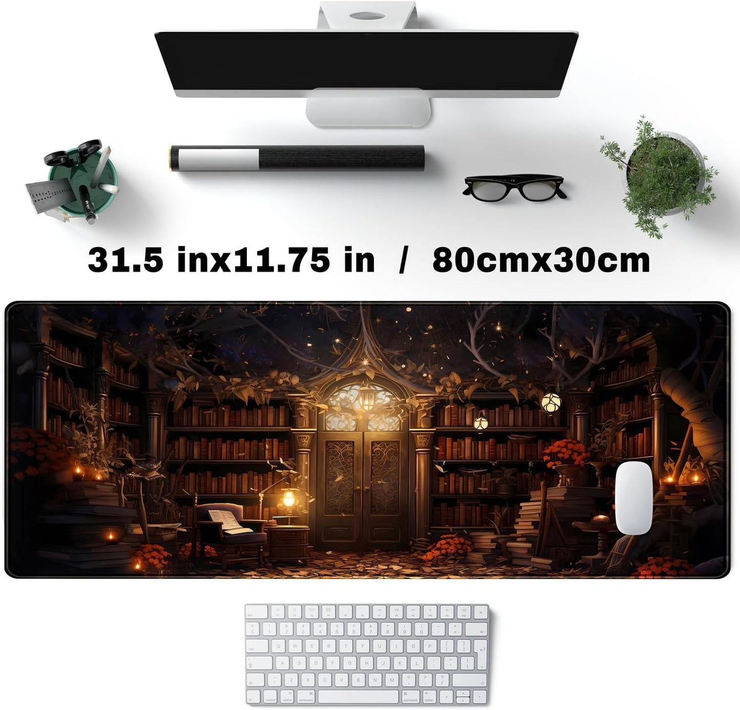 Vintage Desk Pad Magical Bookshelf Desk Mat Extra Large Big Office Mouse Pad Gaming with Stitched Edges Large Mousepad Home Office Gaming Work Computers Laptop Desk Accessories 31.5x11.8in