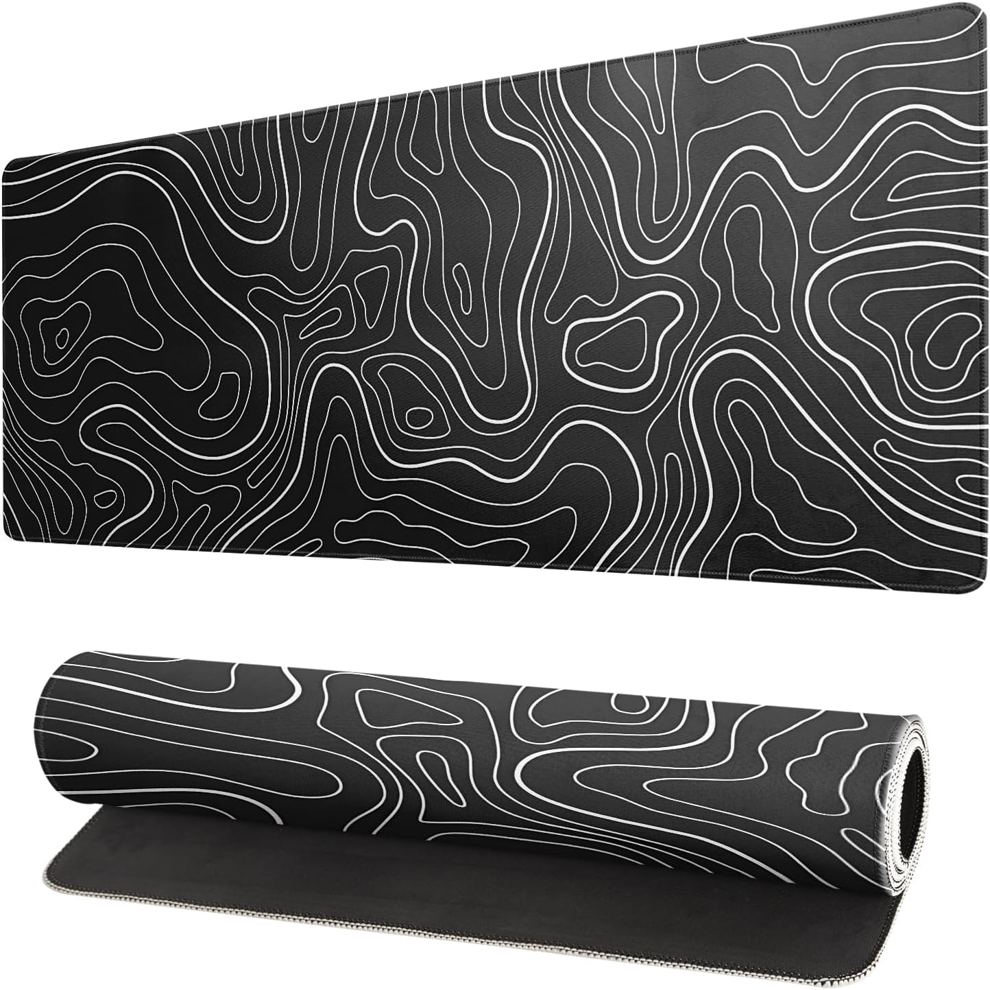 Gaming Mouse Pad Topographic Large Mousepad Keyboard 31.5 x 11.8in for Non-Slip Base and Stitched Edge, Extended Desk Pad XL Desk Mat (Black)