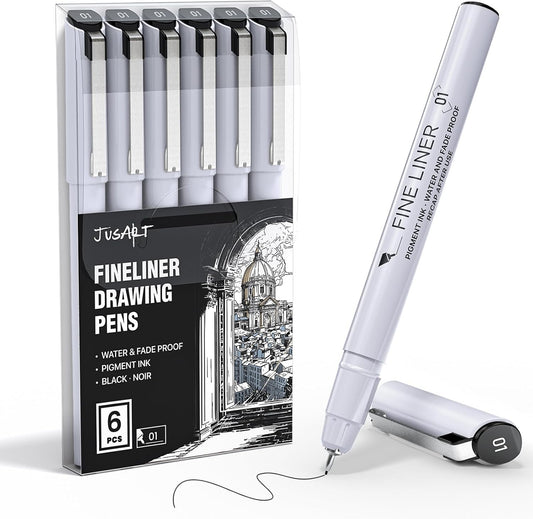 JusArt Fineliner Pens, 6 Pcs, 0.25mm Fine Point, No Bleeding, Waterproof Black Pigment Ink Pens for Artists Beginners, Illustration, Writing, Journaling, Crafters, Technical Drawing pens