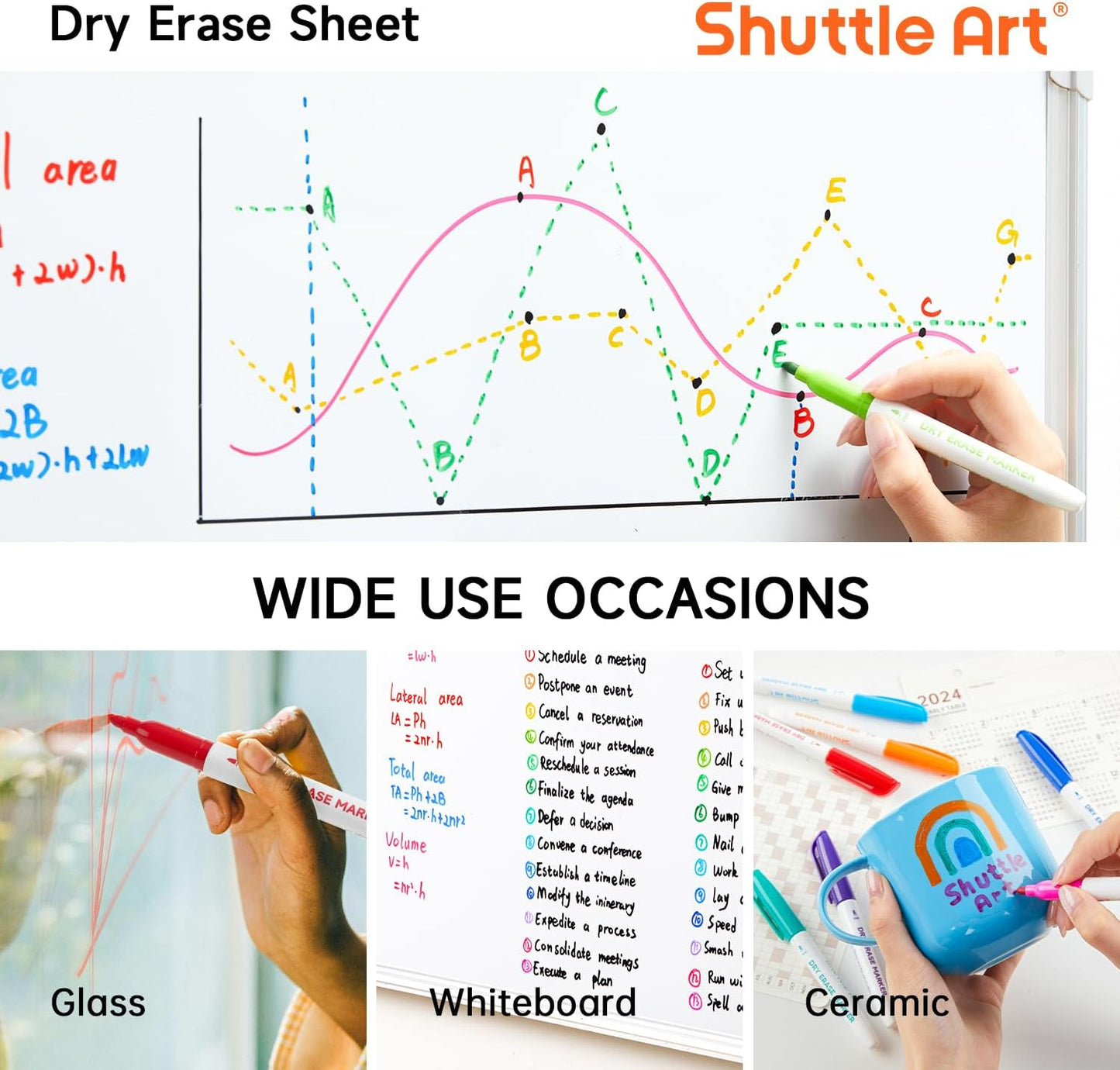 Shuttle Art Dry Erase Markers, 12 Colors 144 Bulk Pack Whiteboard Markers, Fine Point Dry Erase Markers Perfect for Writing on Dry Erase Whiteboard Mirror Glass for School Office Home