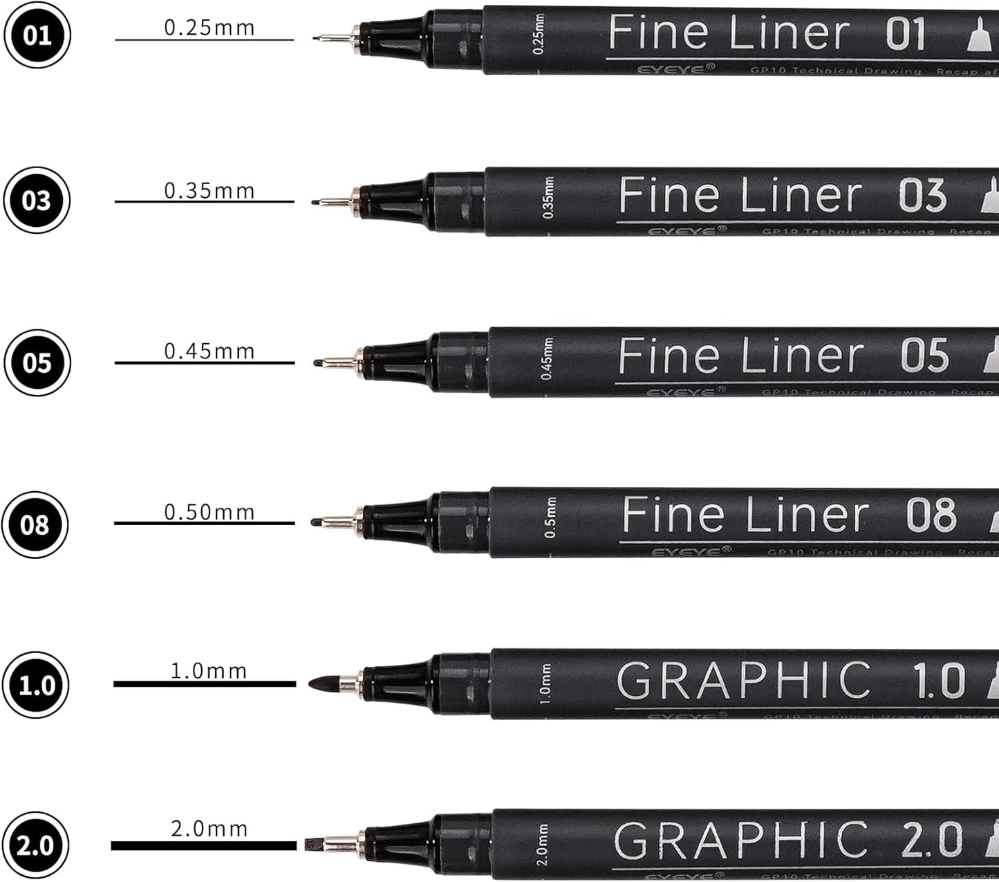 EYEYE Micro Pens, Black Drawing Art Pen,0.25/0.35/0.45/0.5/1.0/2.0mm Archival Pens Waterproof Ink Set Artist Supplies Archival Inking Markers Sketch Outline Pen