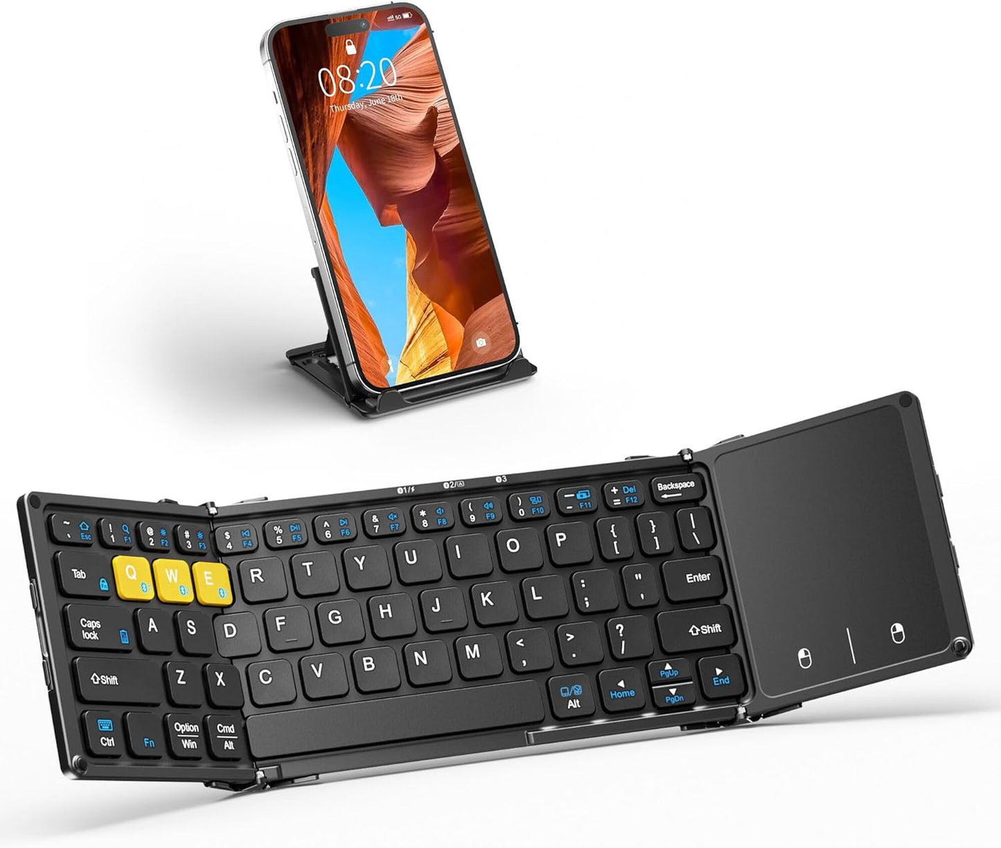Foldable Bluetooth Keyboard, Wireless Portable Keyboard with Larger Touchpad, Pocket-Sized Folding Travel Keyboard for MacOS Android Windows iOS, Sync Up to 3 Devices (BT5.1 x 3)