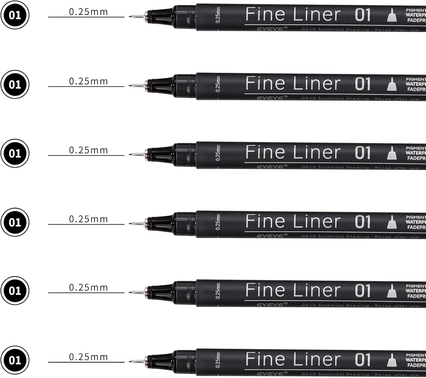 EYEYE Micro Pen Black Drawing Art Pens,6 Pack 0.25mm Archival Pen Waterproof Ink Set Artist Supplies Archival Inking Markers Sketch Outline Pens, Precision Drawing and Sketching Kit