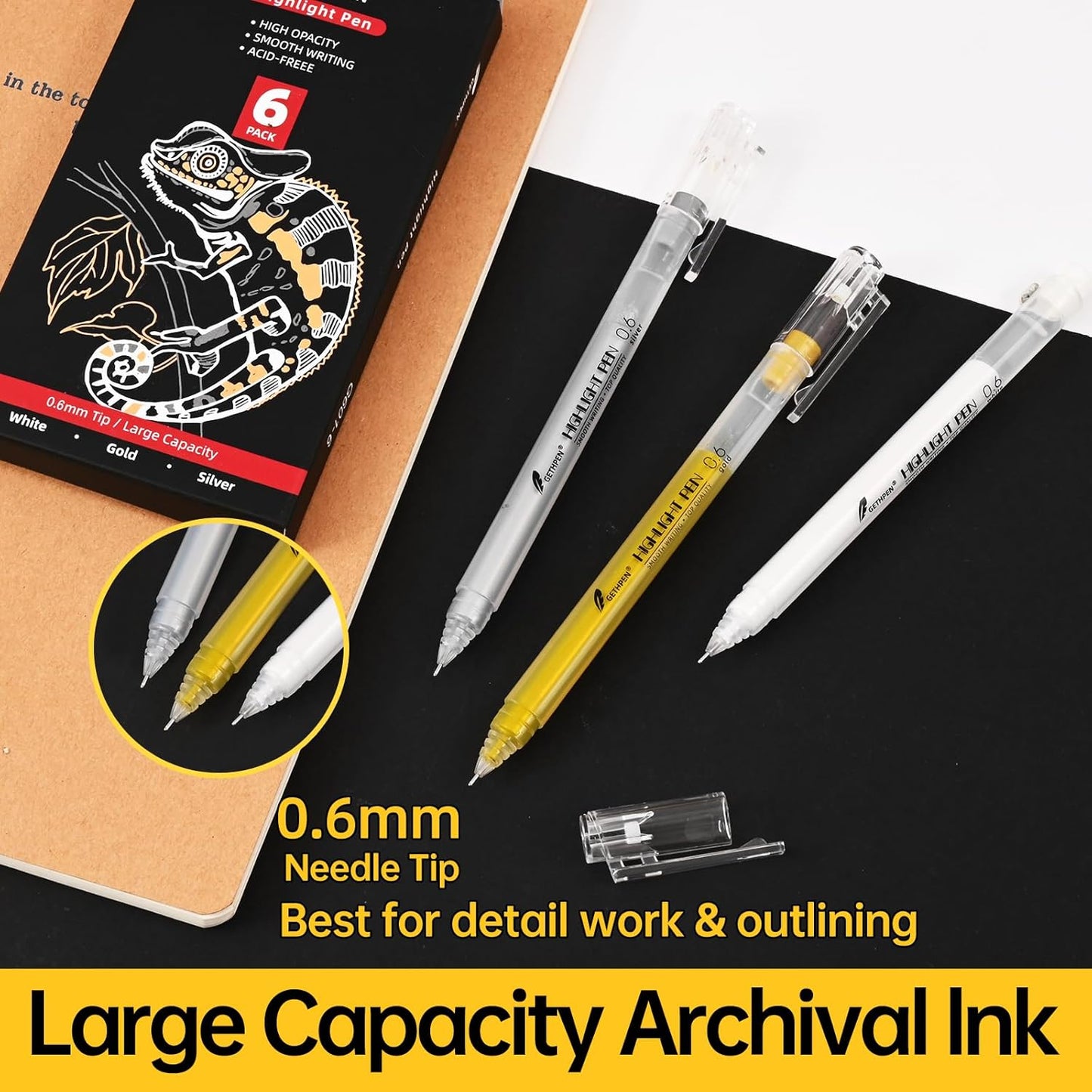 3 Colors 0.6mm Extra Fine Point Gel Pen Set – White, Gold & Silver Gel Ink Pens for Artists Drawing on Black Paper, Sketching, Bullet Journaling & Holiday Crafts
