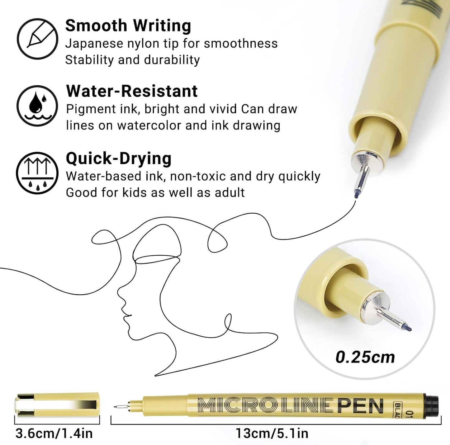 KERIFI 01 Fineliner Ink Pens, 0.25mm Black Micro Fine Point Drawing Pens Waterproof Archival Ink Multiliner Pens for Artist Illustration, Sketching, Technical Drawing, Zentangle, Scrapbooking (6 Pack)