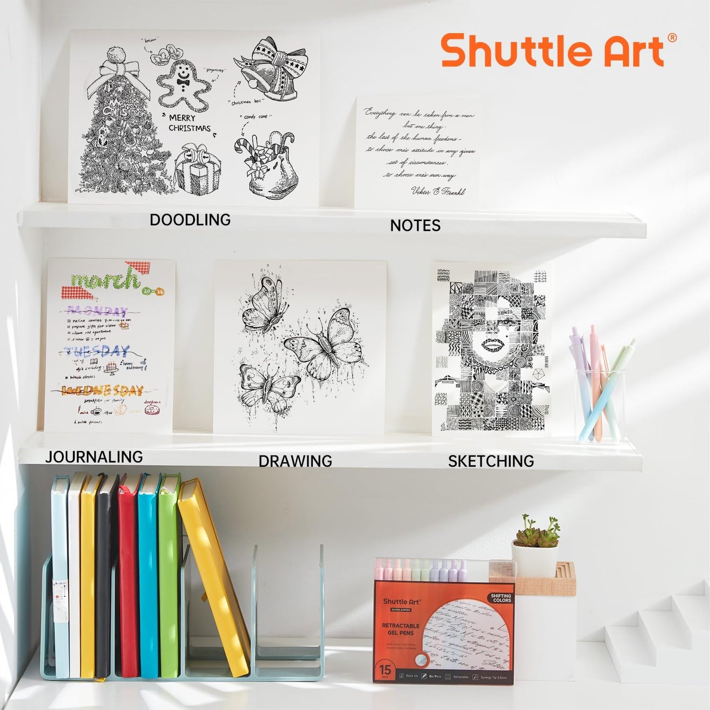 Shuttle Art Retractable Pastel Shifting Gel Ink Pens, 15 Pack Black Ink Pens, Cute Pens 0.5mm Fine Point Soft Aesthetic Barrel for Smooth Writing Journaling Taking Notes School Office Home