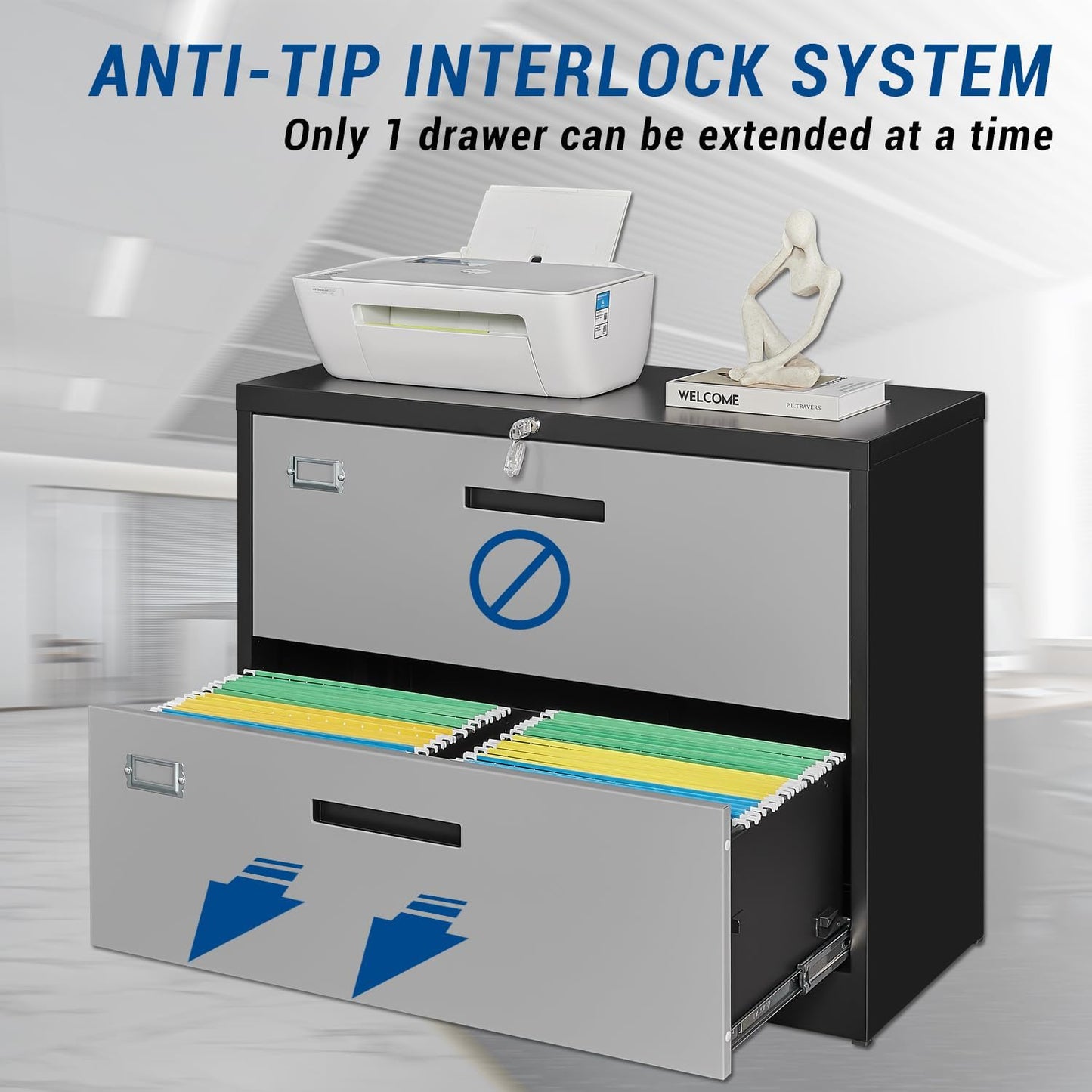 2 Drawer Lateral File Cabinet with Lock, Metal Steel Filling Cabinets for Home Office, Lockable Storage Cabinet for Hanging Files Letter/Legal/F4/A4 Size-Assembly Required