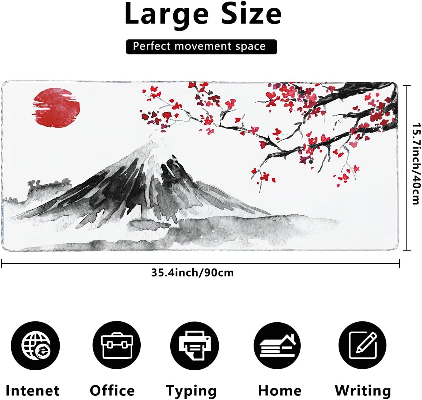 Japan Traditional Sumi-e Painting Extended Gaming Mouse Pad Large Desk Mat with Non-Slip Rubber Base and Stitched Edges,Keyboard Mouse Mat Desk Pad for Work,Game,Office,Home 35.4 * 15.7 Inch