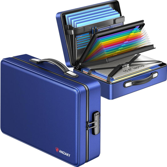 Fireproof Document Box with Fireproof Zipper, Hard Inner Shell Fireproof Document Bag with Lock, Fireproof Water Resistant Important Document Organizer 16 inch Laptop File Briefcase (Blue)