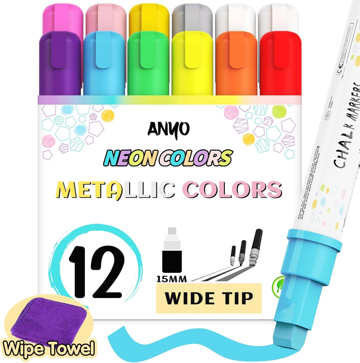 Anyo 12 Pack Window Markers for Cars, Liquid Chalk Markers with 15mm 3 in 1 Nib Jumbo Tip, Metallic & Neon Color Wet Erase Window Paint for Glass Washable, Glass, Mirror, Blackboard, Bistro, Menus