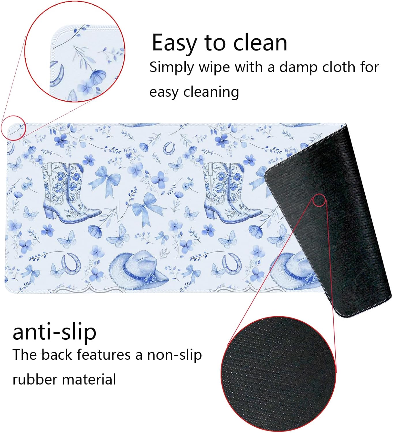 Western Desk Mat,Blue and White Floral Mouse Pad, Blue Chinoiserie Large Mouse Pad, Coquette Girly Cowgirls Desk Mat for Dorm Western Office Decor, 31.5x11.8 Inch