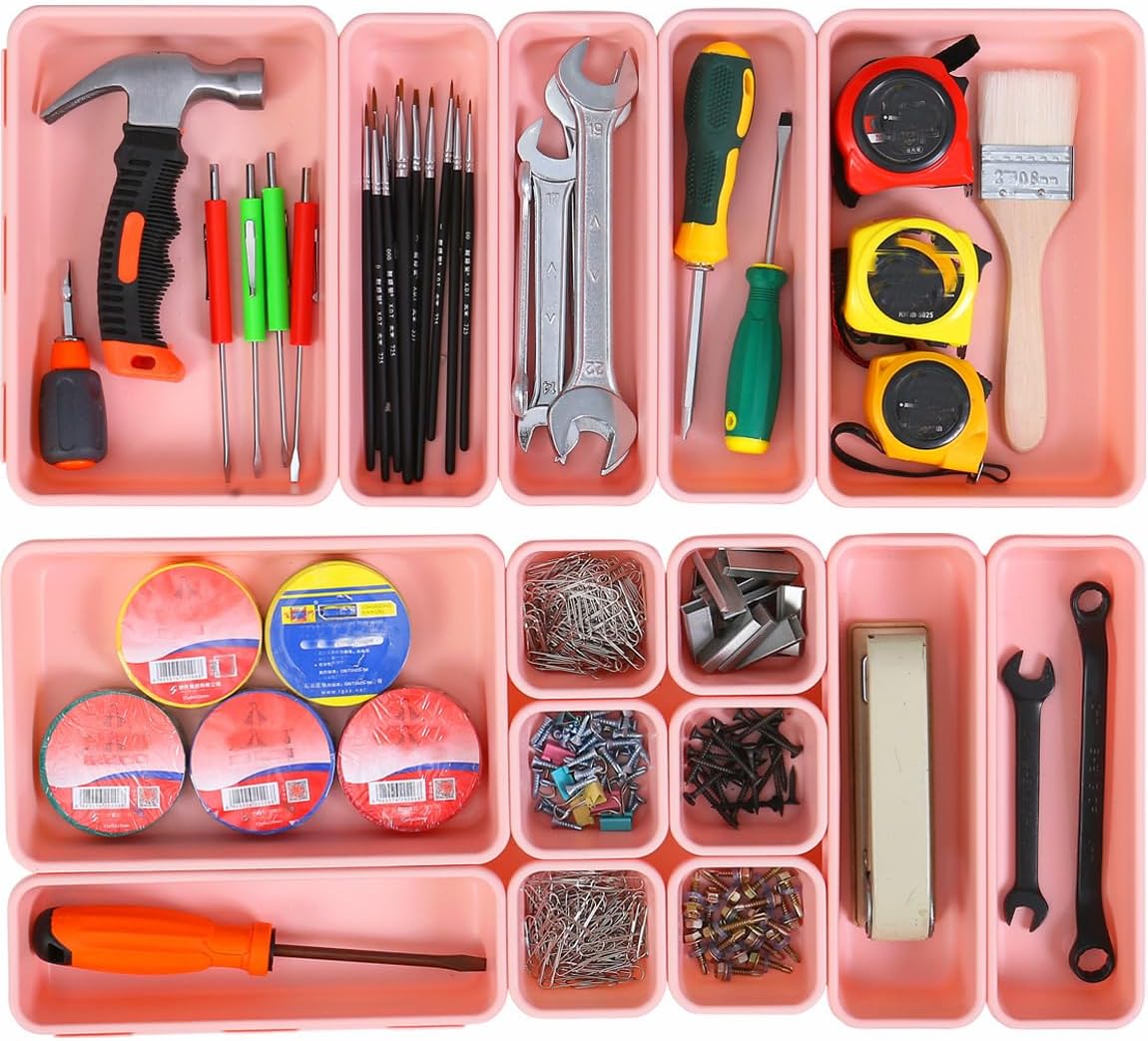 15 PCS Interlocking Desk Drawer Organizer Separator for Office,Bathroom,Kitchen,Makeup（Pink）