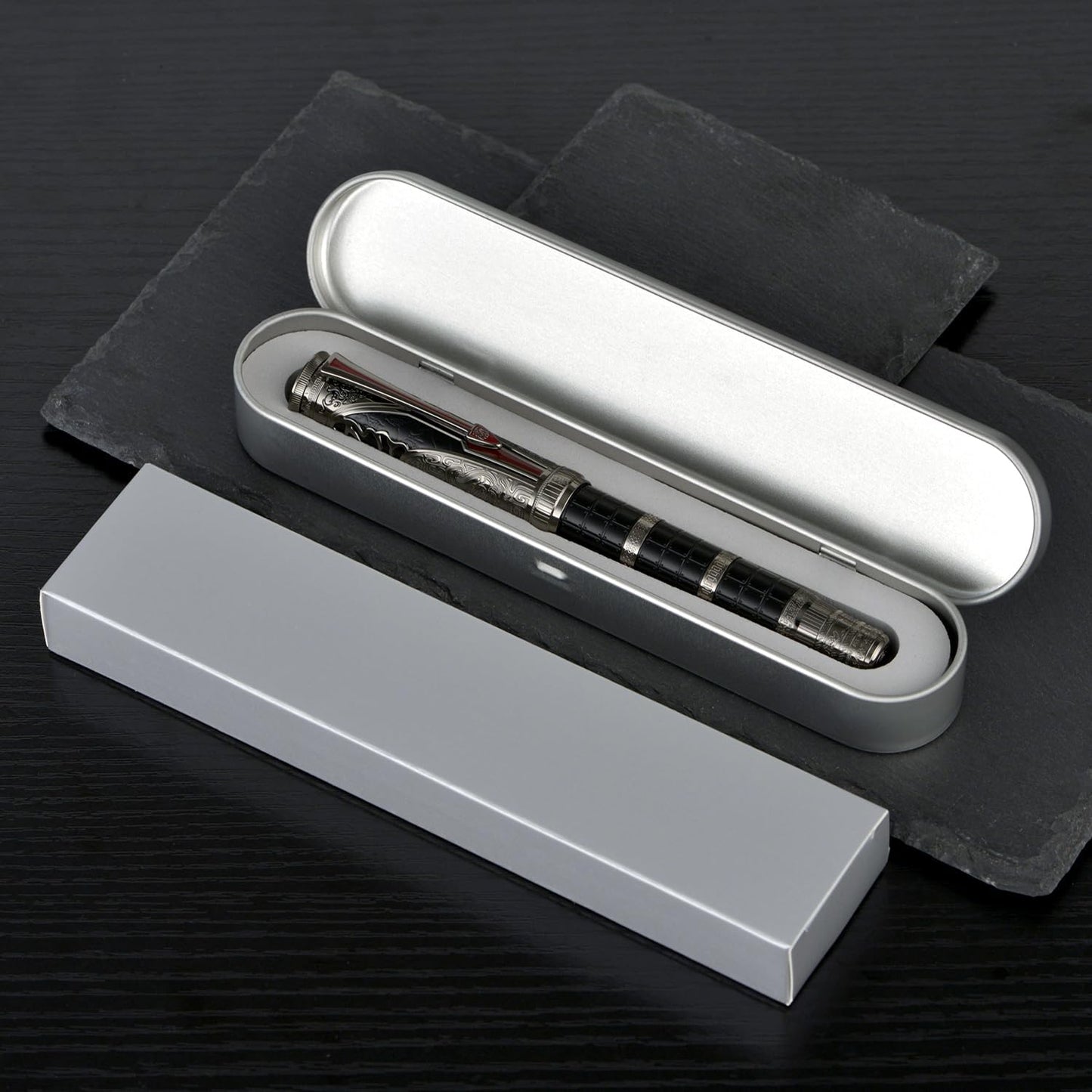 Hongdian D5X Fountain Pen Black Fine Nib, Qin Dynasty Retro Chinese Totem Engraving with Converter and Pen Box Set