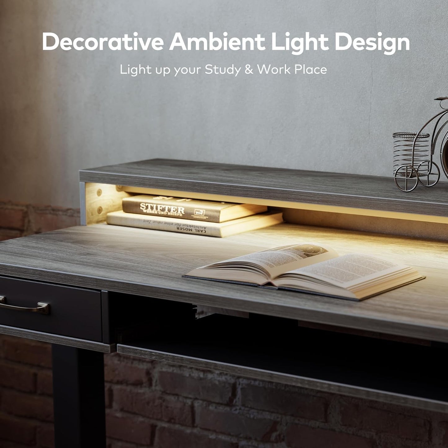 FEZIBO 48 x 24 Inch Height Adjustable Electric Standing Desk with Double Drawers&Keyboard Tray, Stand Up Desk with LED Strips&Monitor Stand,Rustic Grey Top