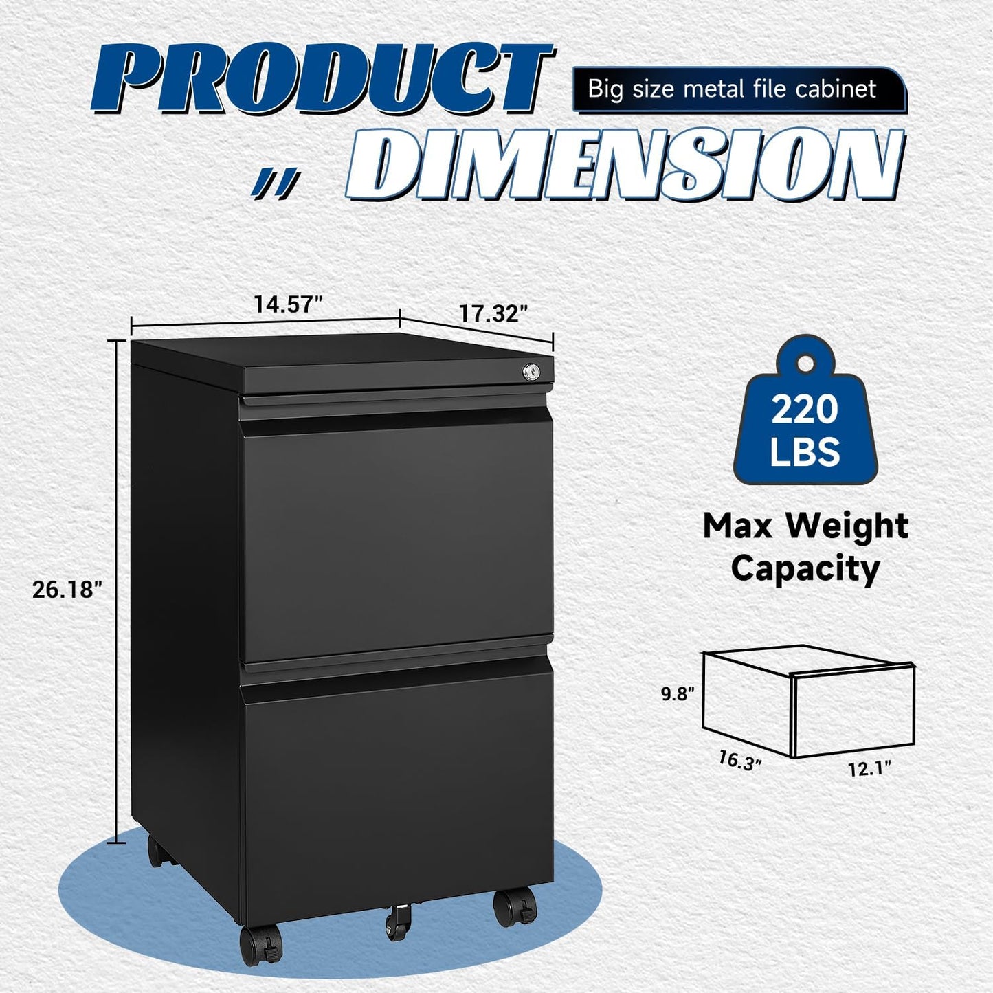 2 Drawers Vertical File Cabinet - Fully Assembled Black Under Desk Mobile Filling Cabinet Small Lockable Home Office File Cabinets for A4/Letter/Legal Size