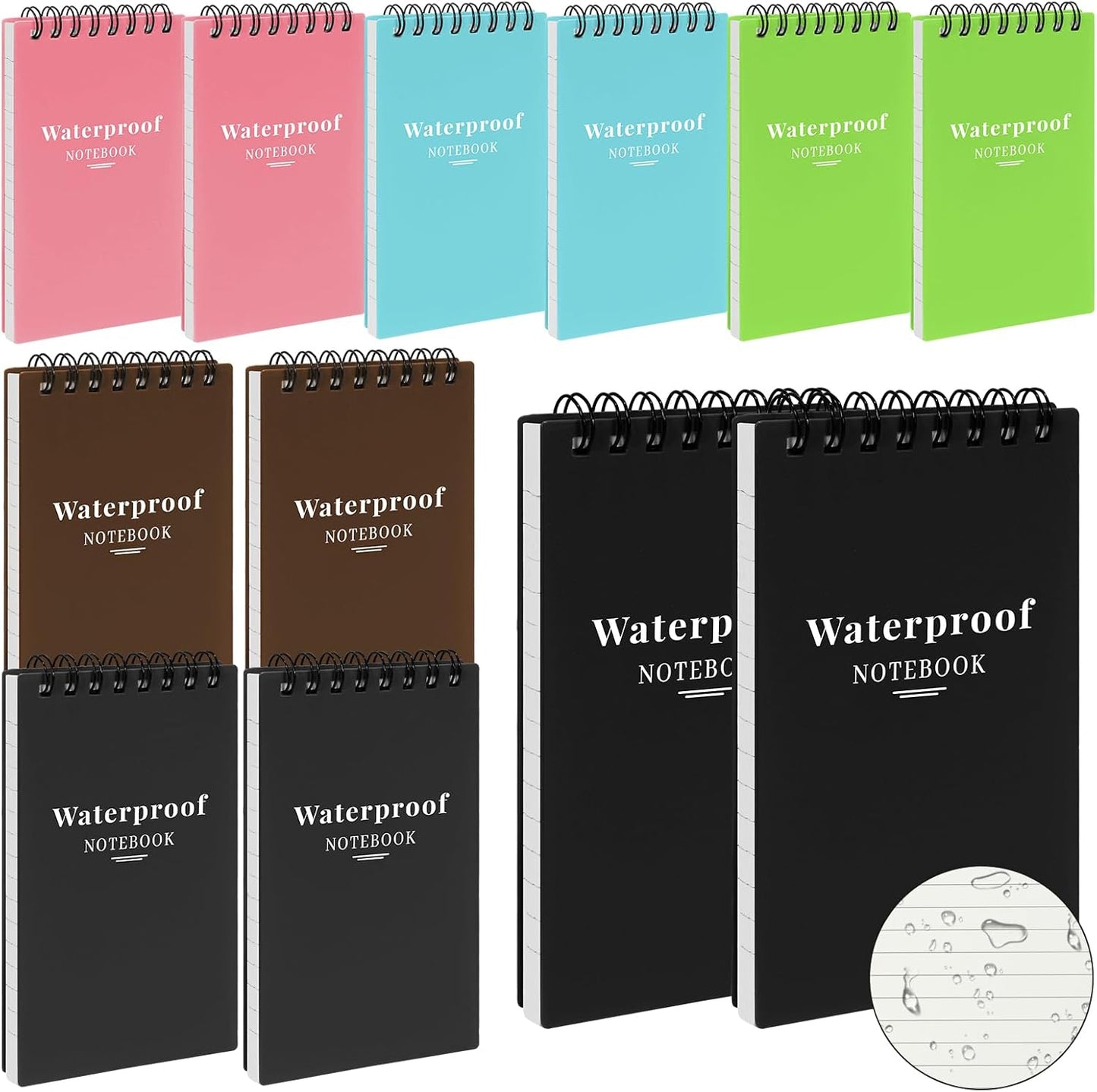 12 Pack Waterproof Pocket Notebooks, 3x5 Small Notepads, Mini Top Spiral Notebook, Lined College Ruled Paper, Tiny Memo Pads for Home, Office, Work, School, or Travel