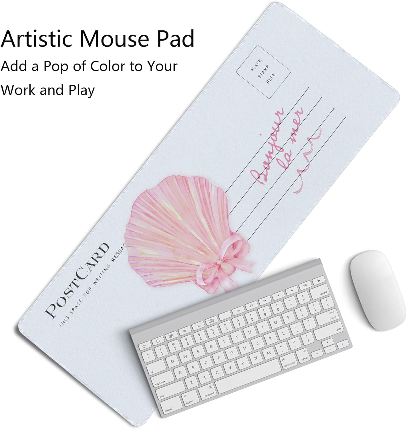 Pink Seashell Bow Mouse Pad,Ocean Themed Desk Mat,Pink XL Large Coastal Beachy Mouse Pad,Girly Summer Beachy Gaming Pads,Preppy Girly Desk Mat,Summer Beachy Desktop Decor Art,31.5x11.8 Inch