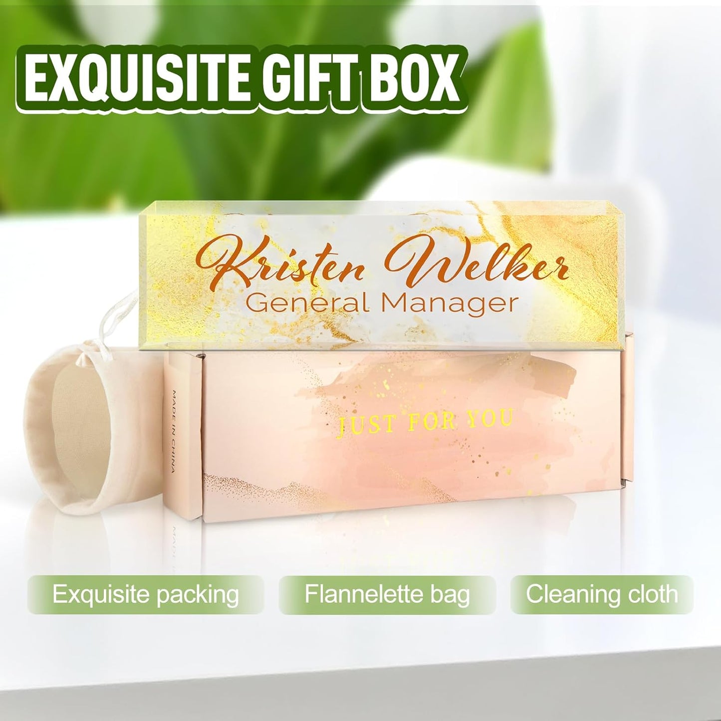 Gowellly Desk Name Plate Personalized - Custom Acrylic Name Plate for Desk - Enterprise Custom Logo/Text nameplates - Employee Appreciation Gifts (Golden Marble)